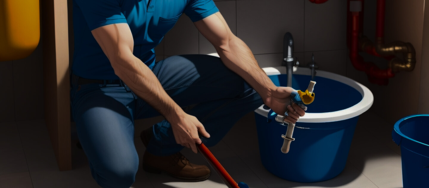 Plumber in blue shirt using tools for plumbing repair in a residential setting, emphasizing expert construction and remodeling services by Pride Construction & Roofing.