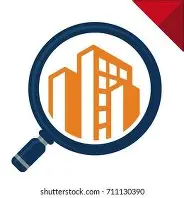 Magnifying glass focusing on an orange building icon, symbolizing construction and inspection services for residential and commercial properties in Houston.