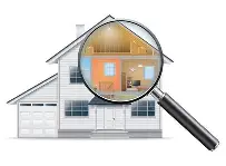 House illustration with magnifying glass highlighting interior details, representing free inspections for residential properties by Pride Construction & Roofing in Houston.